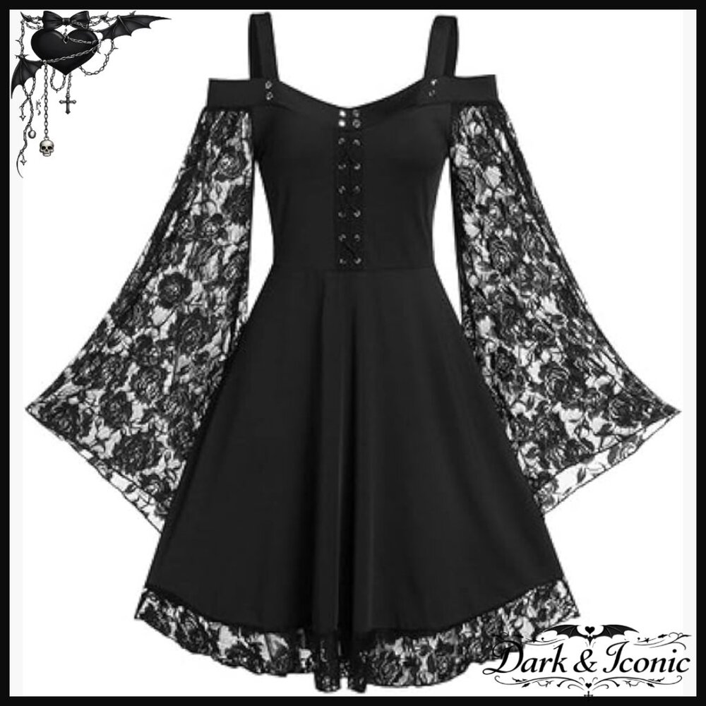 Plus Size Gothic Lace Patchwork Mini Dress Spaghe… - image 1